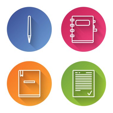 Satır satırı: Pen, Notebook, Notebook ve Sınav kağıdını işaretli olarak ayarla. Renkli daire düğmesi. Vektör