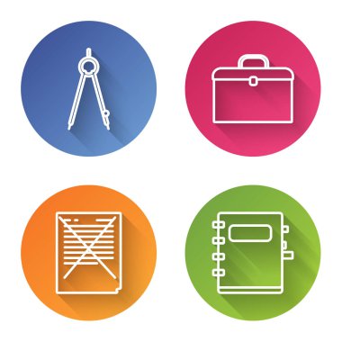 Satır Çizim pusulası, Evrak Çantası, Sınav kağıdını yanlış cevap anketi ve Not Defteri ile ayarla. Renkli daire düğmesi. Vektör