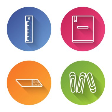 Satır cetveli, defter, silgi veya kauçuk ve ataç ayarla. Renkli daire düğmesi. Vektör