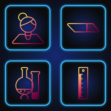 Çizgi cetvel, test tüpü ve kimyasal laboratuvar testi, öğretmen ve silgi ya da kauçuk. Renk simgeleri. Vektör