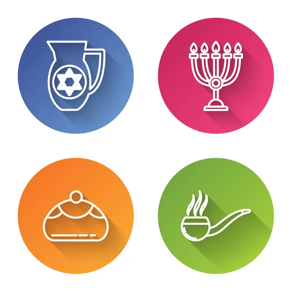 Set línea Decanter con estrella de David, Hanukkah menorah, pastelería dulce judía y pipa de fumar con humo. Botón círculo de color. Vector — Vector de stock