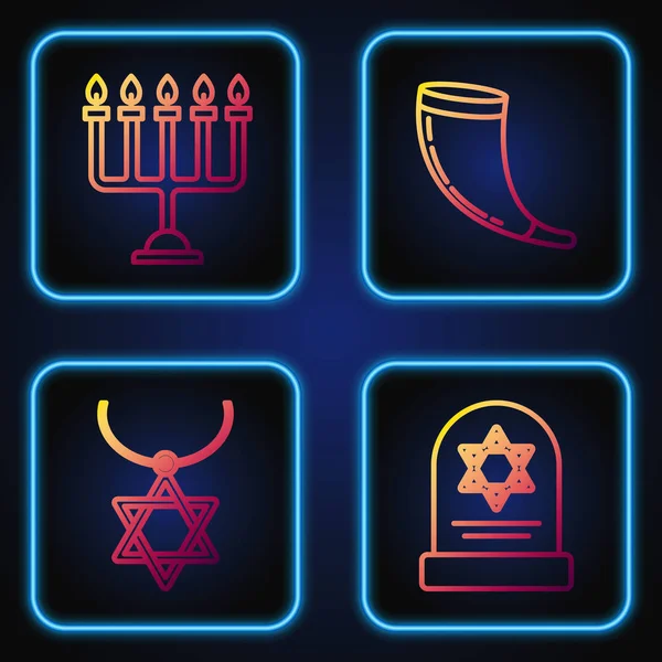 Set line Tombstone with star of david, Star of David necklace on chain, Hanukkah menorah and Traditional ram horn, shofar. Gradient color icons. Vector — Stock Vector