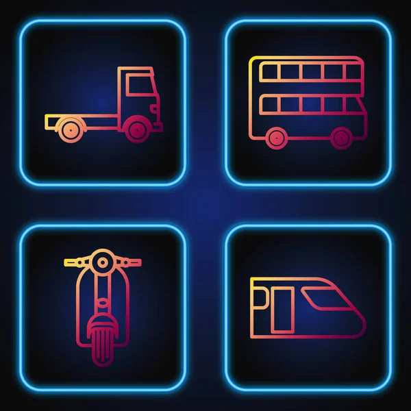 Set line Train, Scooter, Delivery cargo truck vehicle and Double decker bus. Gradient color icons. Vector — 스톡 벡터