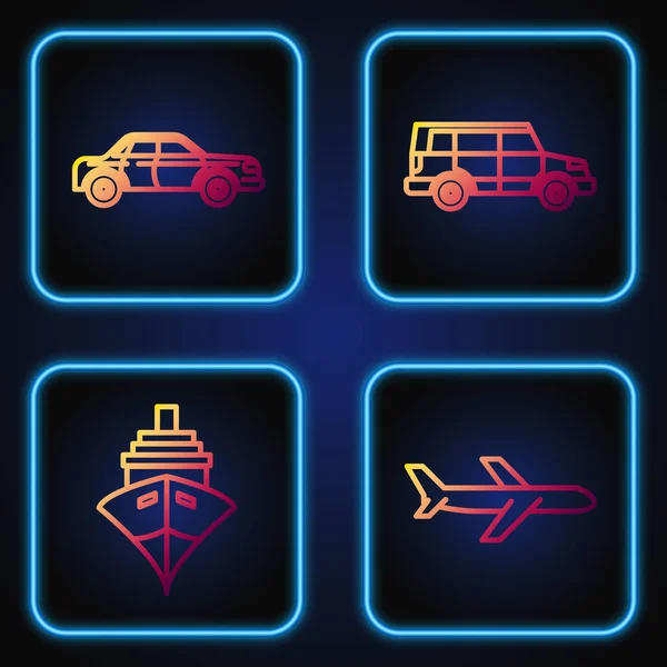 Definir linha de avião, navio de carga, carro Sedan e Off road carro. Ícones de cores gradientes. Vetor — Vetor de Stock