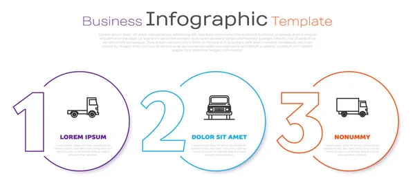 Set line Vehículo de camión de carga de entrega, vehículo de camión de carga de coche y entrega. Plantilla de infografía empresarial. Vector — Vector de stock