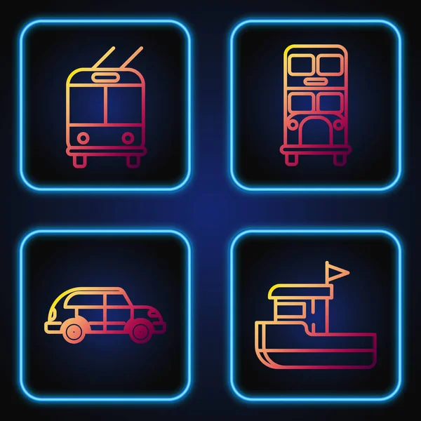 Set line Fishing boat, Hatchback car, Trolleybus and Double decker bus. Gradient color icons. Vector — 스톡 벡터