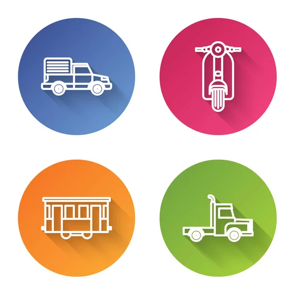 Set line Dodávka nákladní vůz, Scooter, Staré město tramvaj a Dodávka nákladní vozidlo. Tlačítko barevného kruhu. Vektor — Stockový vektor