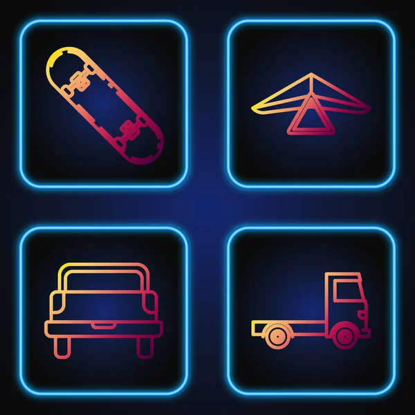 Ställ in linje Leverans lastbil fordon, Pickup lastbil, Skateboard och Hang glider. Strålande färgikoner. Vektor — Stock vektor