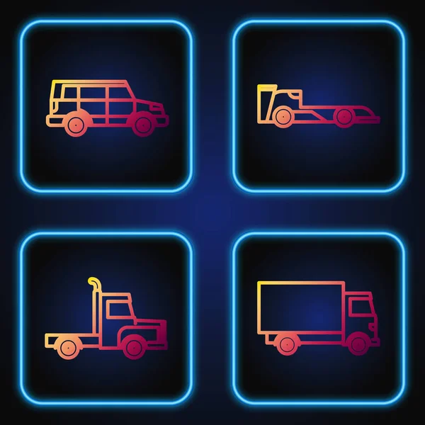セットライン配送貨物トラック車、配送貨物トラック車、オフロード車とフォーミュラレースカーを設定します。グラデーションのアイコン。ベクトル — ストックベクタ