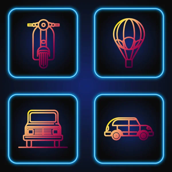 Set line Hatchback car, Car, Scooter and Hot air balloon. Gradient color icons. Vector — Stock Vector