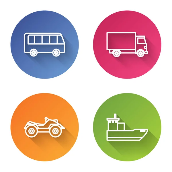 セットラインバス、配送貨物トラック車、すべての地形車両またはAtvオートバイと貨物船。カラーサークルボタン。ベクトル — ストックベクタ