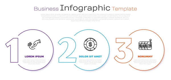 Définir la ligne La main humaine jetant des dés de jeu, Casino puce avec symbole dollar et Machine à sous. Modèle d'infographie d'entreprise. Vecteur — Image vectorielle