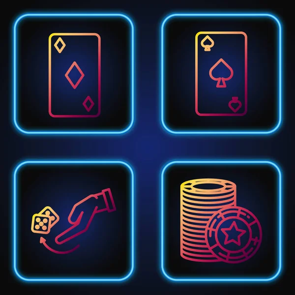 Establecer línea Casino chips, mano humana tirar dados de juego, Jugando a la carta con el símbolo de diamantes y jugar a la carta con el símbolo de espadas. Iconos de color degradado. Vector — Archivo Imágenes Vectoriales