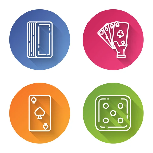 Set Line-Deck von Spielkarten, Hand hält Spielkarten, Spielkarte mit Pik-Symbol und Spielwürfel. Farbkreis-Taste. Vektor — Stockvektor