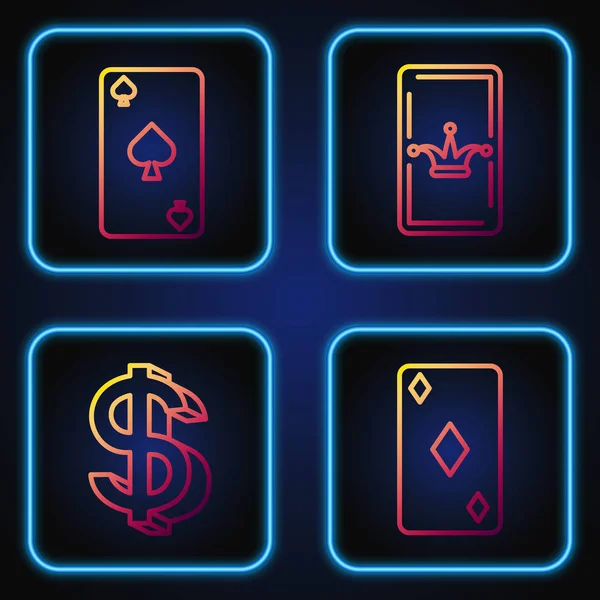 Ställ in linje Spela kort med diamanter symbol, Dollar symbol, Spela kort med spader symbol och Joker spelkort. Strålande färgikoner. Vektor — Stock vektor