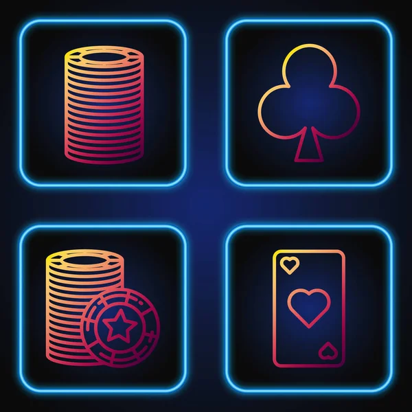 Állítsa be a vonalat Játék kártya szív szimbólum, Kaszinó zseton, Kaszinó zseton és játékkártya klubok szimbólum. Gradient színes ikonok. Vektor — Stock Vector