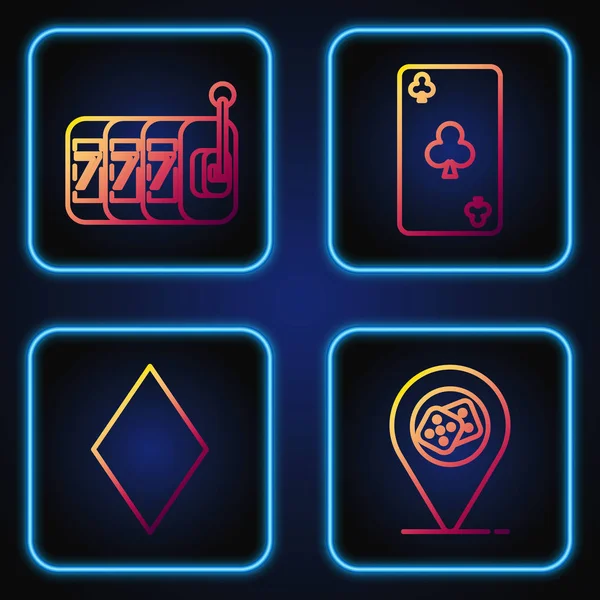 Set line Casino location, Playing card with diamonds symbol, Slot machine with lucky sevens jackpot and Playing card with clubs symbol. Gradient color icons. Vector — Stock Vector