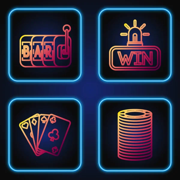 Establecer la línea de Casino fichas, Jugando a las cartas, Ranura de la máquina y Casino ganar. Iconos de color degradado. Vector — Archivo Imágenes Vectoriales
