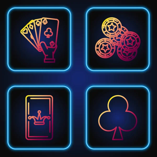 Set line Playing card with clubs symbol, Joker playing card, Hand holding playing cards and Casino chips. Gradient color icons. Vector — Stock Vector