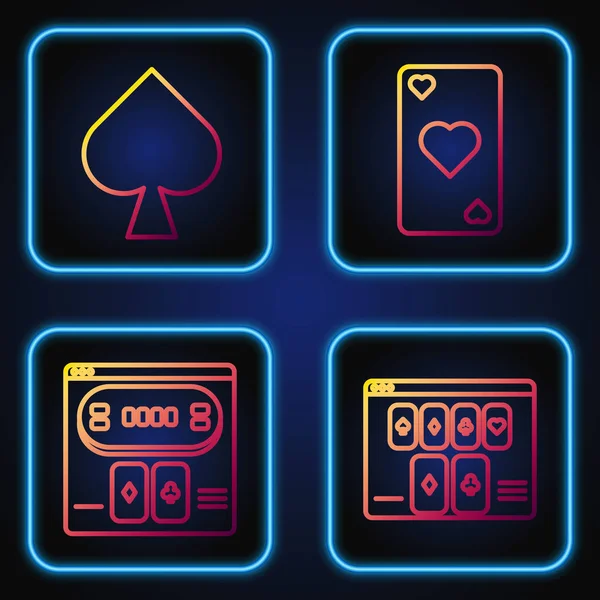 Ställ in linje Online pokerbord Spel, Online pokerbord Spel, Spela kort med spader symbol och Spela kort med hjärtsymbol. Strålande färgikoner. Vektor — Stock vektor