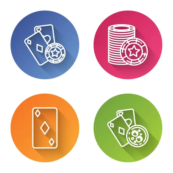 Set line Casino chip and playing cards, Casino chips, Playing card with diamonds symbol and Playing cards and glass of whiskey with ice cubes. Color circle button. Vector — Stock Vector
