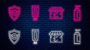 Krem ya da losyon kozmetik tüpü, berber dükkanı binası, bıyık ve sakalı kalkan ve krem ya da losyon kozmetik tüpüne yerleştir. Tuğla duvarda parlayan neon simgesi. Vektör