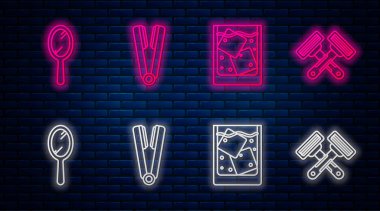 Saç için saç maşası, bir bardak viski ve buz, el aynası ve traş bıçağı. Tuğla duvarda parlayan neon simgesi. Vektör