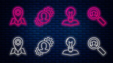 İçinde teçhizat olan insan hattı, lambalı insan kafası, yer bulma işi ve insanları aramak için büyüteç. Tuğla duvarda parlayan neon simgesi. Vektör