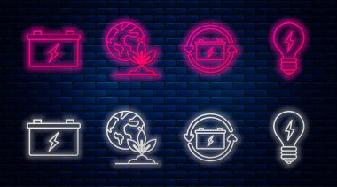 Yerküre ve bitki hattı, geri dönüşüm sembollü pil, araba aküsü ve yıldırım sembollü ampul ayarlayın. Tuğla duvarda parlayan neon simgesi. Vektör