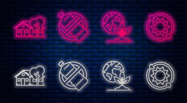 Plastik şişe yok, Dünya küresi ve bitki yok, çevre dostu ev ve güneş enerjisi paneli. Tuğla duvarda parlayan neon simgesi. Vektör