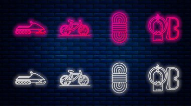 Bisiklet, tırmanma halatı, kar aracı, dalış maskesi ve su alung 'u ayarlayın. Tuğla duvarda parlayan neon simgesi. Vektör