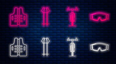 Halat kayak direkleri, bisiklet, can yeleği ve kayak gözlükleri. Tuğla duvarda parlayan neon simgesi. Vektör