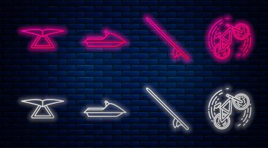 Jet ski, sörf tahtası, planör ve bisiklet numarasını ayarla. Tuğla duvarda parlayan neon simgesi. Vektör