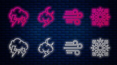 Hat Storm, Wind, Storm ve Snowflake. Tuğla duvarda parlayan neon simgesi. Vektör