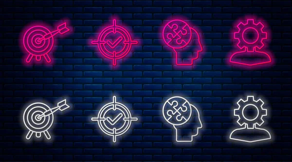 Set line Target and check mark, Human head puzzles strategy, Target with arrow and Human with gear inside. Glowing neon icon on brick wall. Vector — Stock Vector
