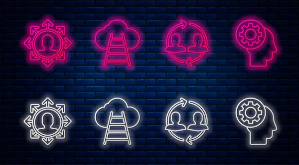 Set line Ladder leading to cloud, Human resources, Project team base and Human head with gear inside. Glowing neon icon on brick wall. Vector — Stock Vector