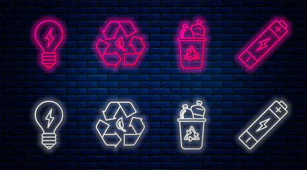 Set line Recycle symbol and leaf, Recycle bin with recycle symbol, Light bulb with lightning symbol and Battery. Glowing neon icon on brick wall. Vector