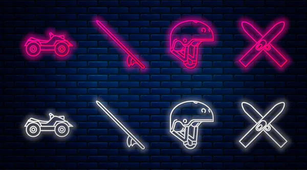 Set line Surfboard, Helmet, All Terrain Vehicle or ATV motorcycle and Ski and sticks. Glowing neon icon on brick wall. Vector — Stock Vector