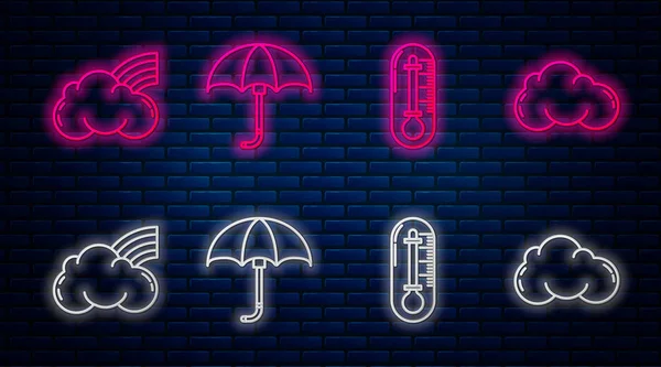 Set line Classic elegant opened umbrella, Thermometer, Rainbow with clouds and Cloud. Glowing neon icon on brick wall. Vector — Stock Vector