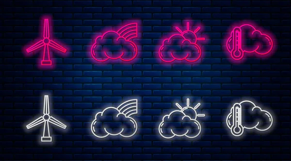 Set line Rainbow with clouds, Sun and cloud weather, Wind turbine and Thermometer and cloud. Glowing neon icon on brick wall. Vector — Stock Vector