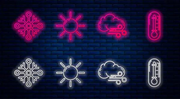Set line Sun, Windy weather, Snowflake and Thermometer. Glowing neon icon on brick wall. Vector — Stock Vector