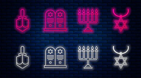 Set line Tombstone with star of david, Hanukkah menorah, Hanukkah dreidel and Star of David necklace on chain. Glowing neon icon on brick wall. Vector — Stock Vector