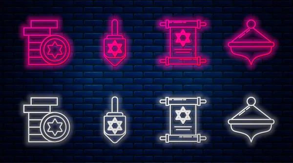 Establecer línea Hanukkah dreidel, Torá scroll, moneda judía y Hanukkah dreidel. Icono de neón brillante en la pared de ladrillo. Vector — Archivo Imágenes Vectoriales