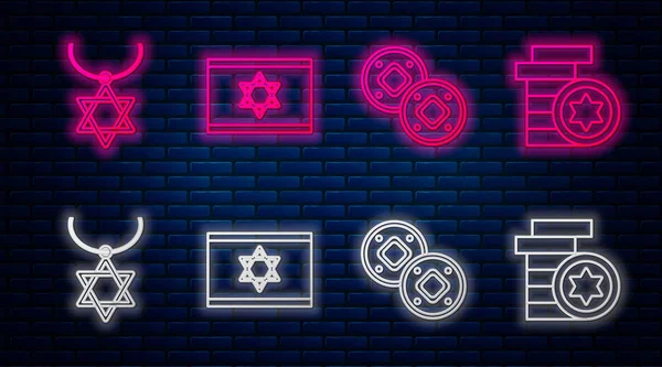 Set line Flag of Israel, Jewish coin, Star of David necklace on chain and Jewish coin. Glowing neon icon on brick wall. Vector — Stock Vector