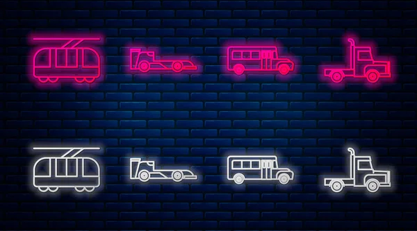 Formula yarış arabası, okul otobüsü, tramvay, tren ve kargo kamyonu. Tuğla duvarda parlayan neon simgesi. Vektör — Stok Vektör