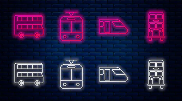 Tramvay ve tren hattı, tren, çift katlı otobüs ve çift katlı otobüs ayarlayın. Tuğla duvarda parlayan neon simgesi. Vektör — Stok Vektör