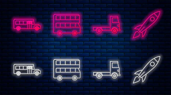 Çift katlı otobüs, kargo kamyonu, okul otobüsü ve roket gemisi. Tuğla duvarda parlayan neon simgesi. Vektör — Stok Vektör