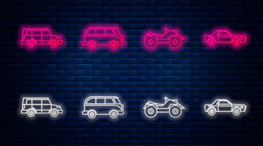 Retro minivan, tüm arazi araçları ya da Atv motosikleti off road car ve sedan araba ayarlayın. Tuğla duvarda parlayan neon simgesi. Vektör