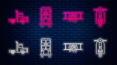 Çift katlı otobüs, eski antika uçak, kargo kamyonu ve Scooter 'ı ayarlayın. Tuğla duvarda parlayan neon simgesi. Vektör