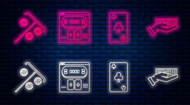 Online poker masası oyunu, kulüp sembollü iskambil kağıdı, fiş ve el tutuş destesi. Tuğla duvarda parlayan neon simgesi. Vektör
